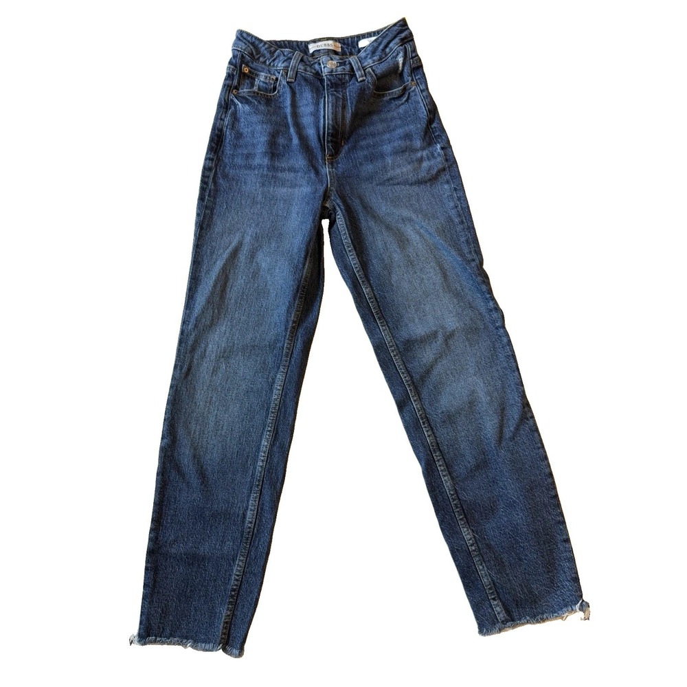 GUESS Eco Mom Jean Women 25 High Rise Distressed Straight Raw Hem Blue Denim EUC